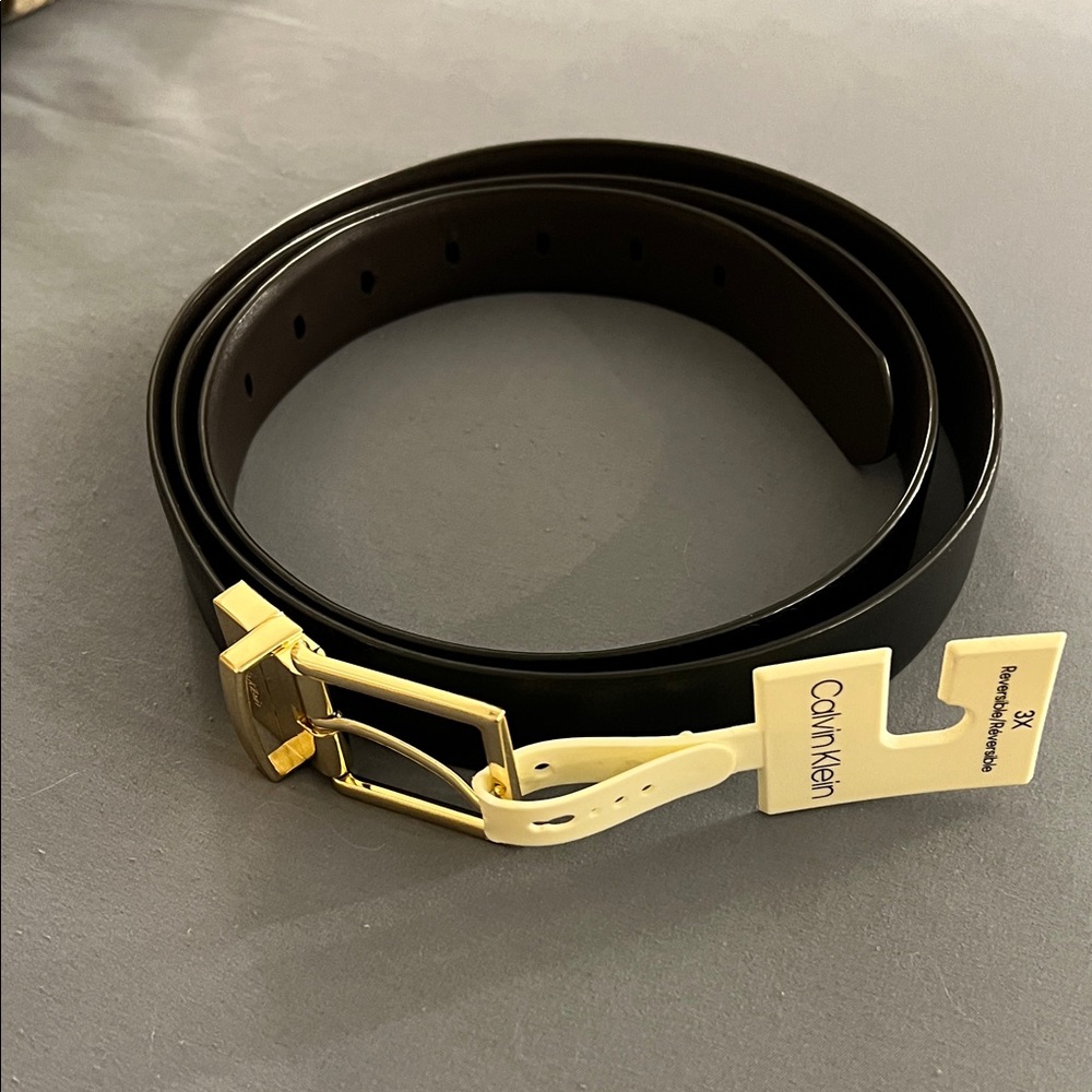 Calvin Klein Women's Black & Brown Reversible Faux Leather Belt with Gold Buckle